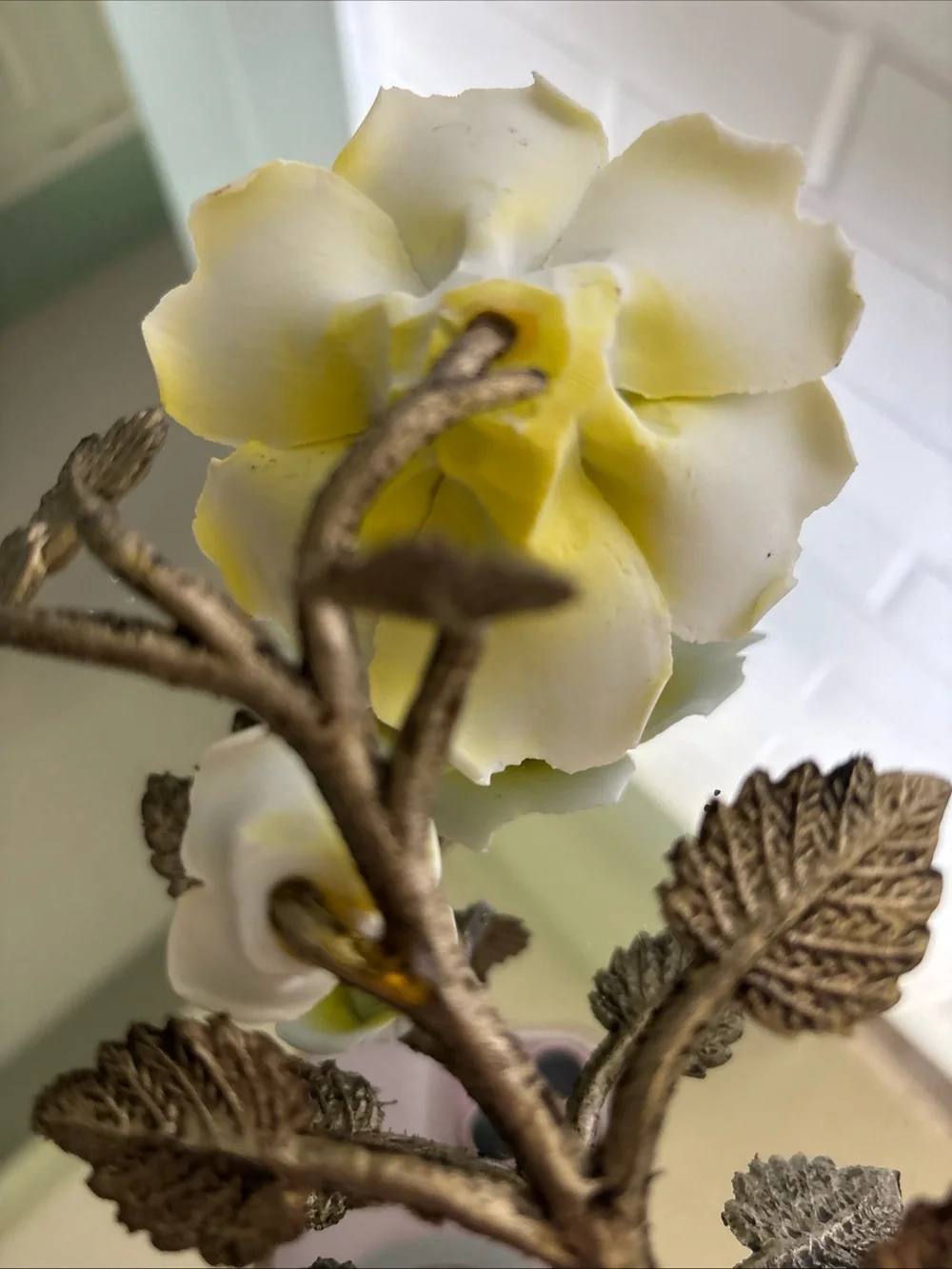 Vintage Yellow Porcelain Rose Accent with Metal Leaves Stand